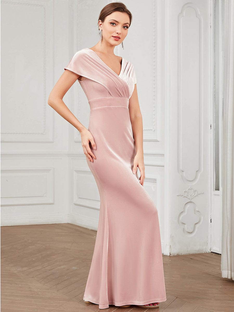 Velvet Pleated V-Neck Cap Sleeve Column Floor-Length Evening Dress #Color_Pink