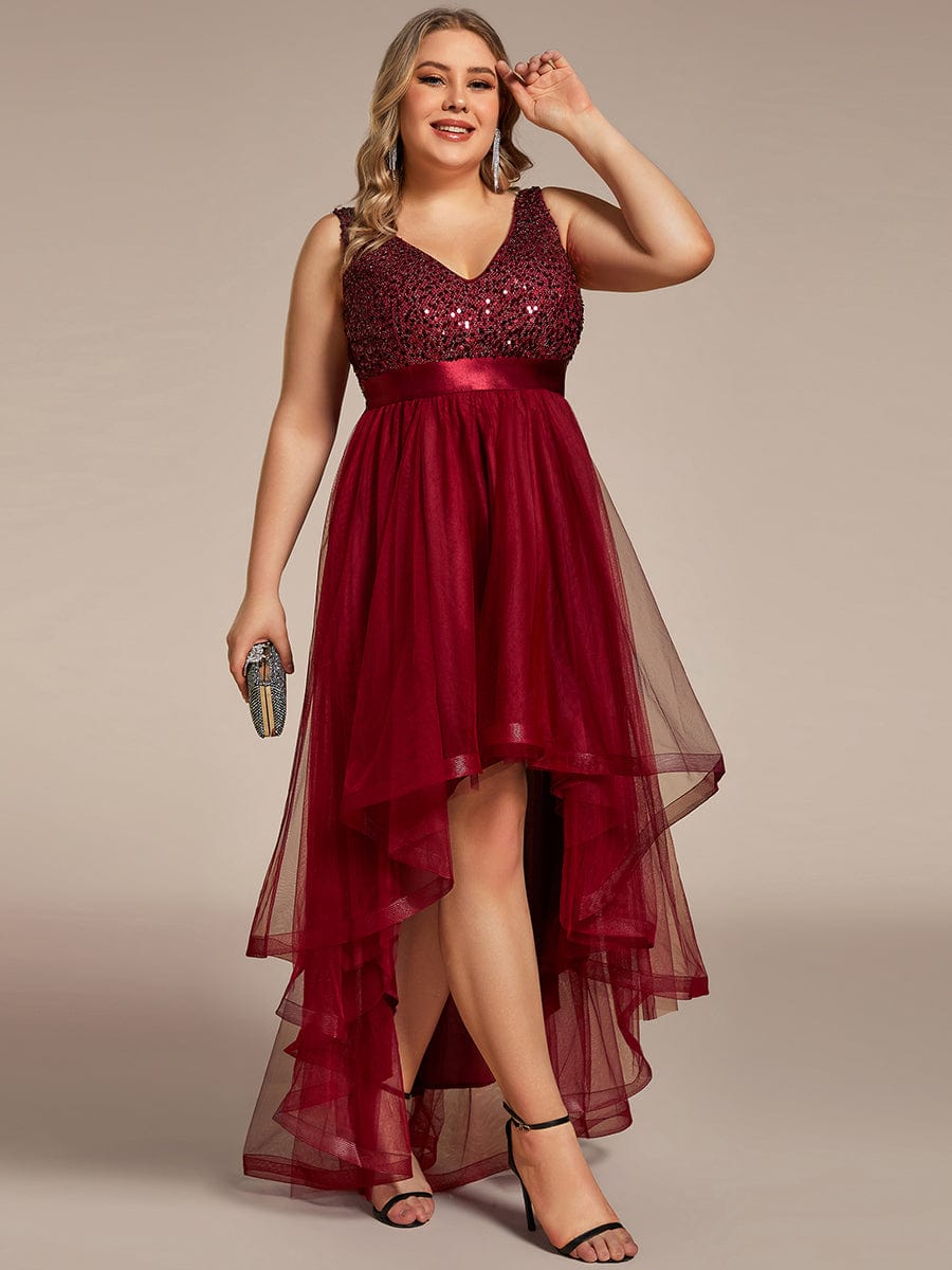 Plus Size Sequin V-Neck Sleeveless High Low Evening Dress #color_Burgundy