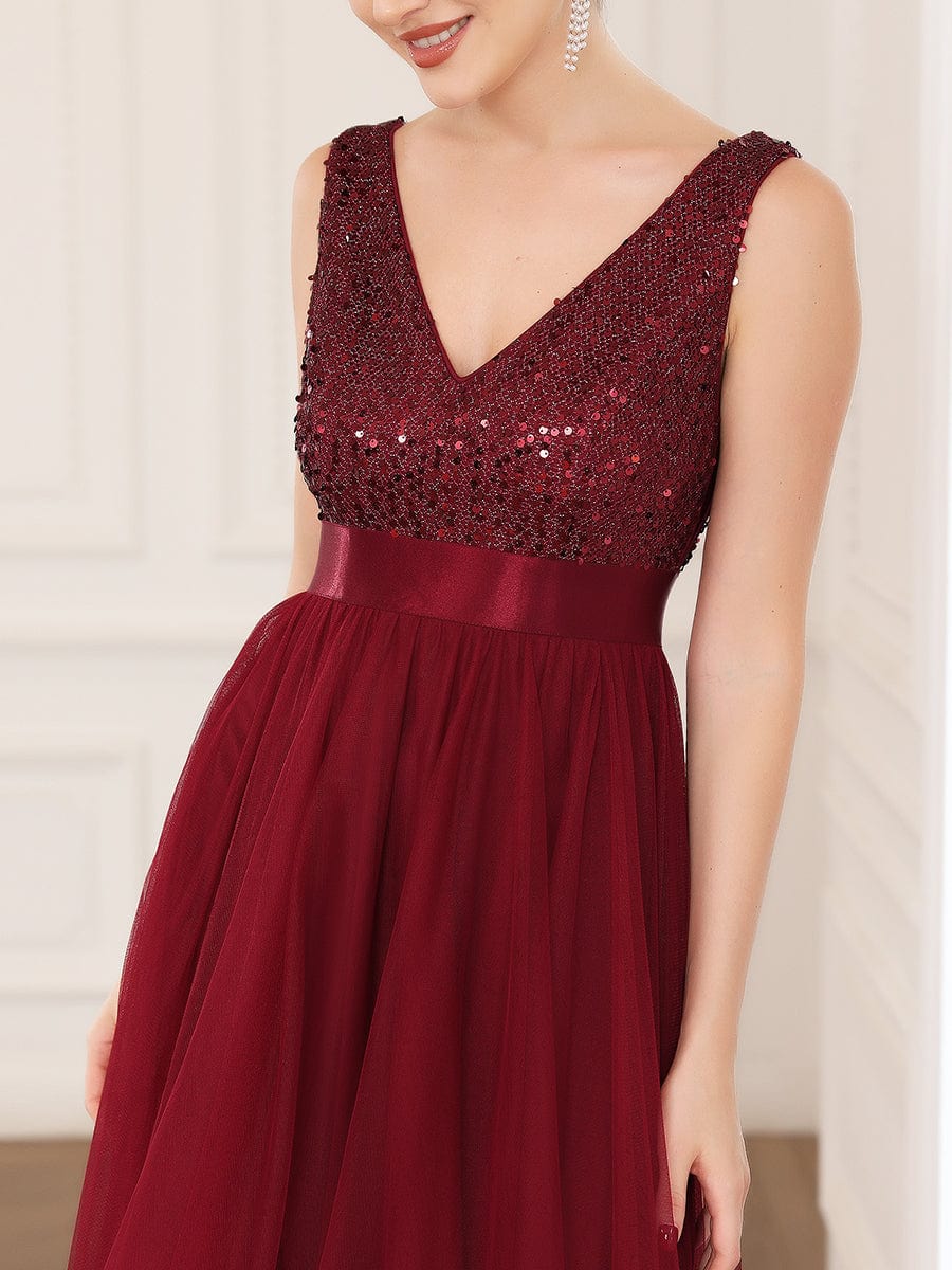 Sequin V-Neck Sleeveless High Low Evening Dress #color_Burgundy