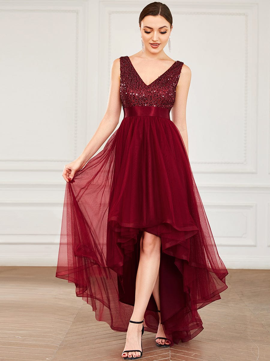 Sequin V-Neck Sleeveless High Low Evening Dress #color_Burgundy