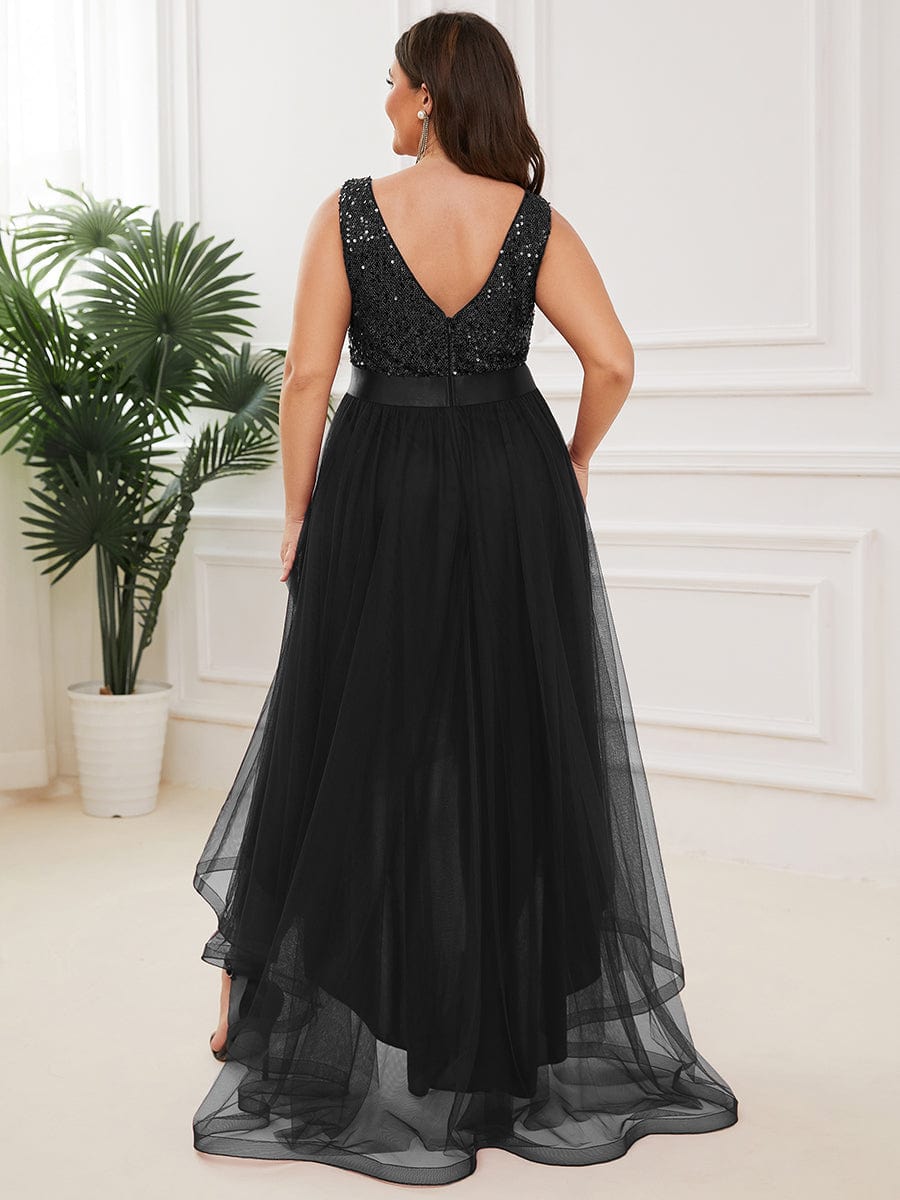 Sequin V-Neck Sleeveless High Low Evening Dress #color_Black