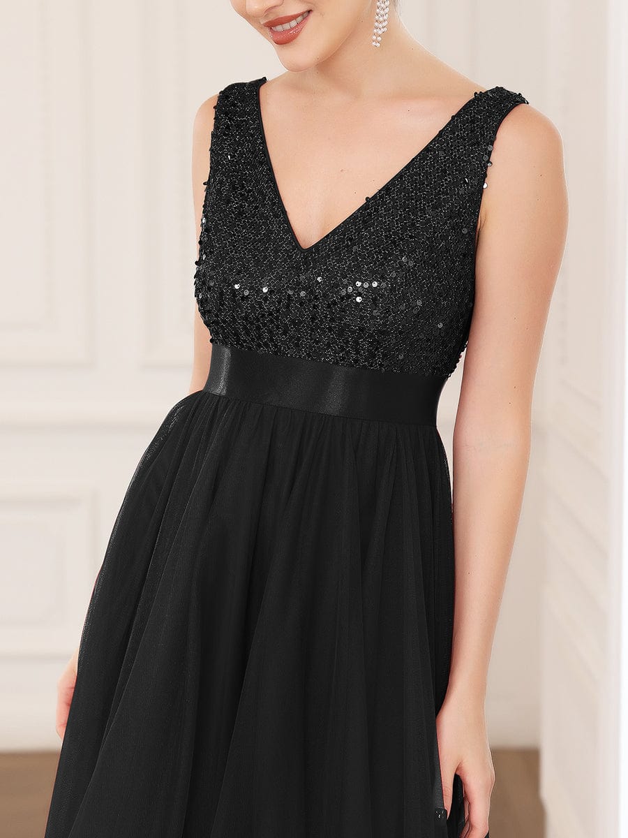 Sequin V-Neck Sleeveless High Low Evening Dress #color_Black