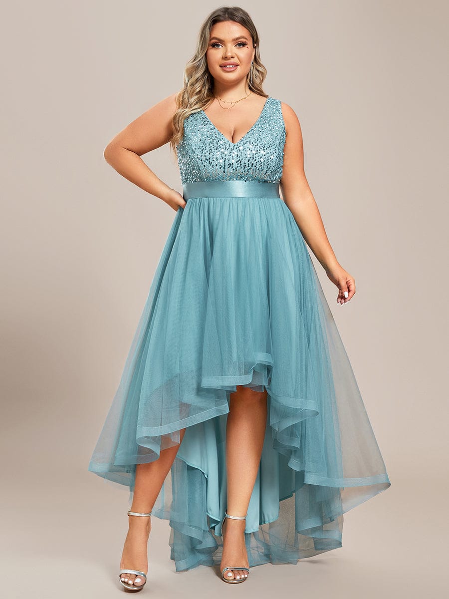 Sequin V-Neck Sleeveless High Low Evening Dress #color_Light Teal