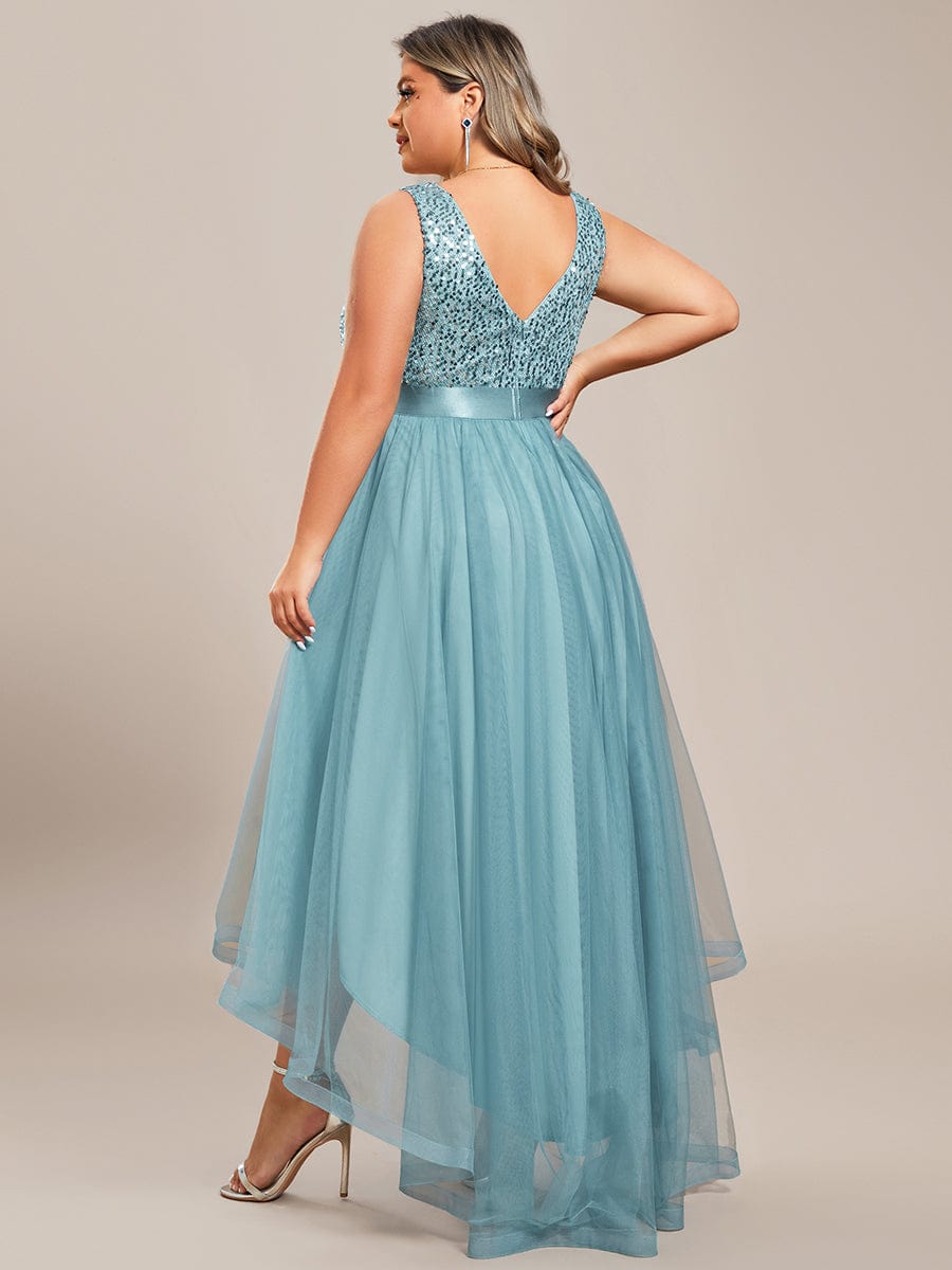 Sequin V-Neck Sleeveless High Low Evening Dress #color_Light Teal