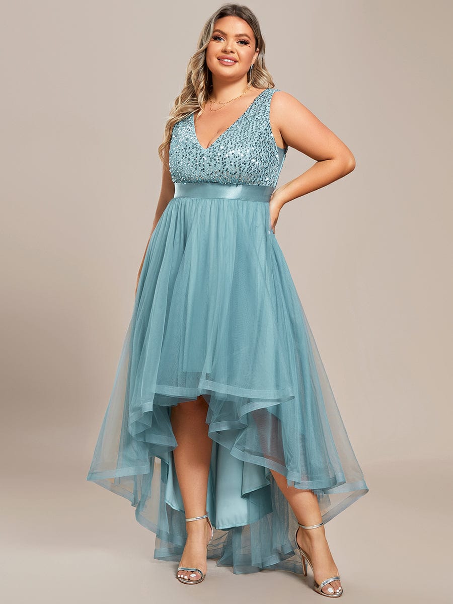 Sequin V-Neck Sleeveless High Low Evening Dress #color_Dusty Blue