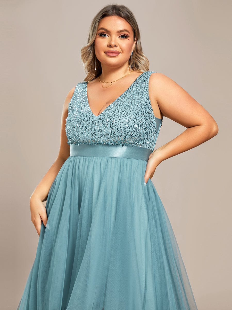 Sequin V-Neck Sleeveless High Low Evening Dress #color_Light Teal