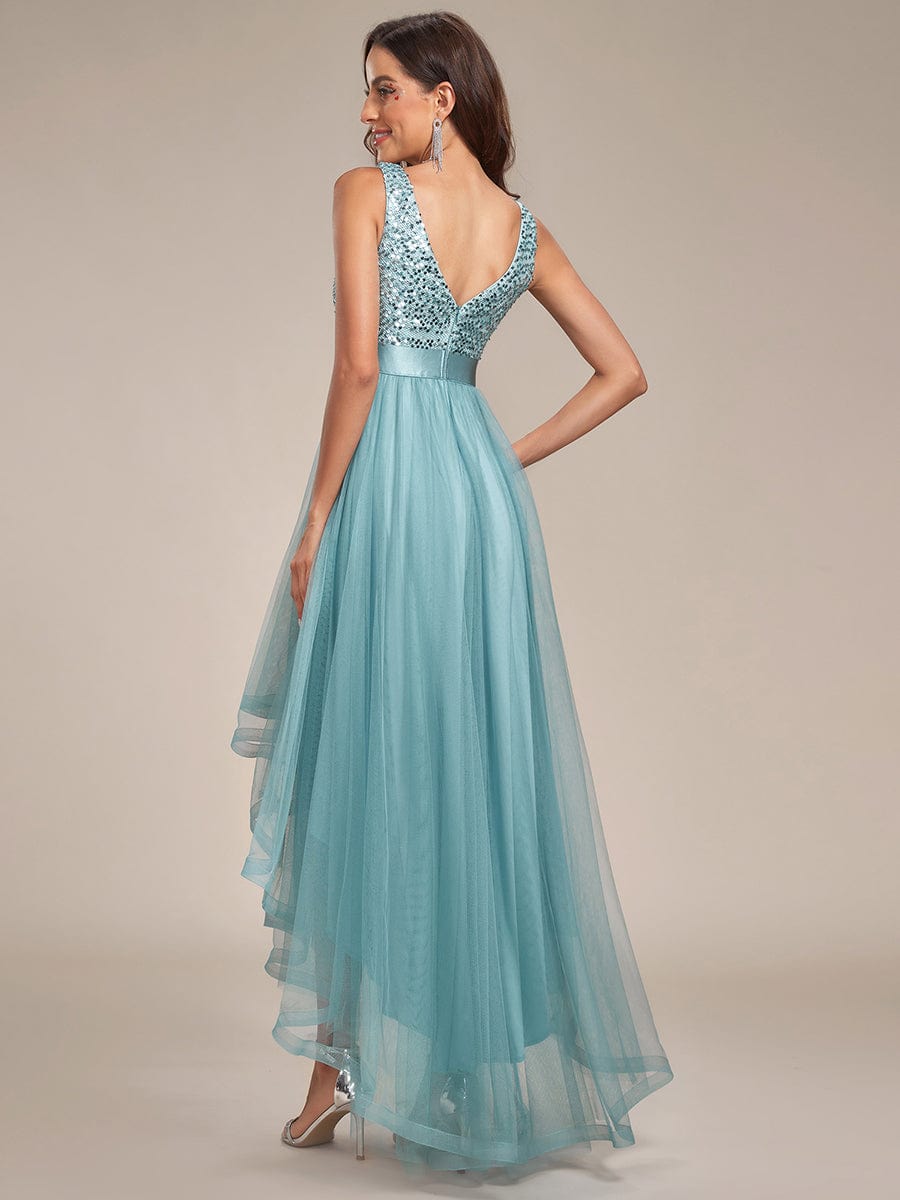 Sequin V-Neck Sleeveless High Low Evening Dress #color_Light Teal