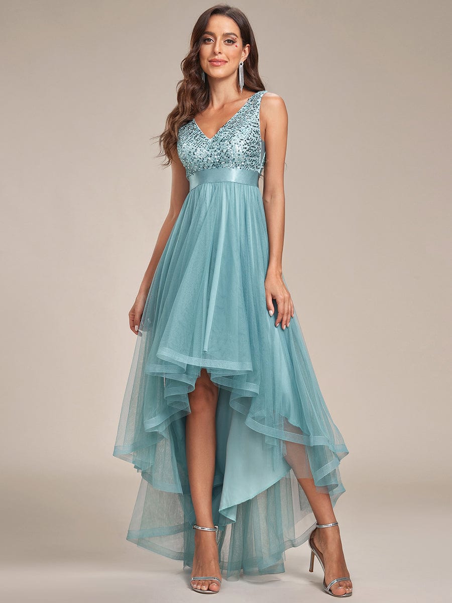 Sequin V-Neck Sleeveless High Low Evening Dress #color_Dusty Blue