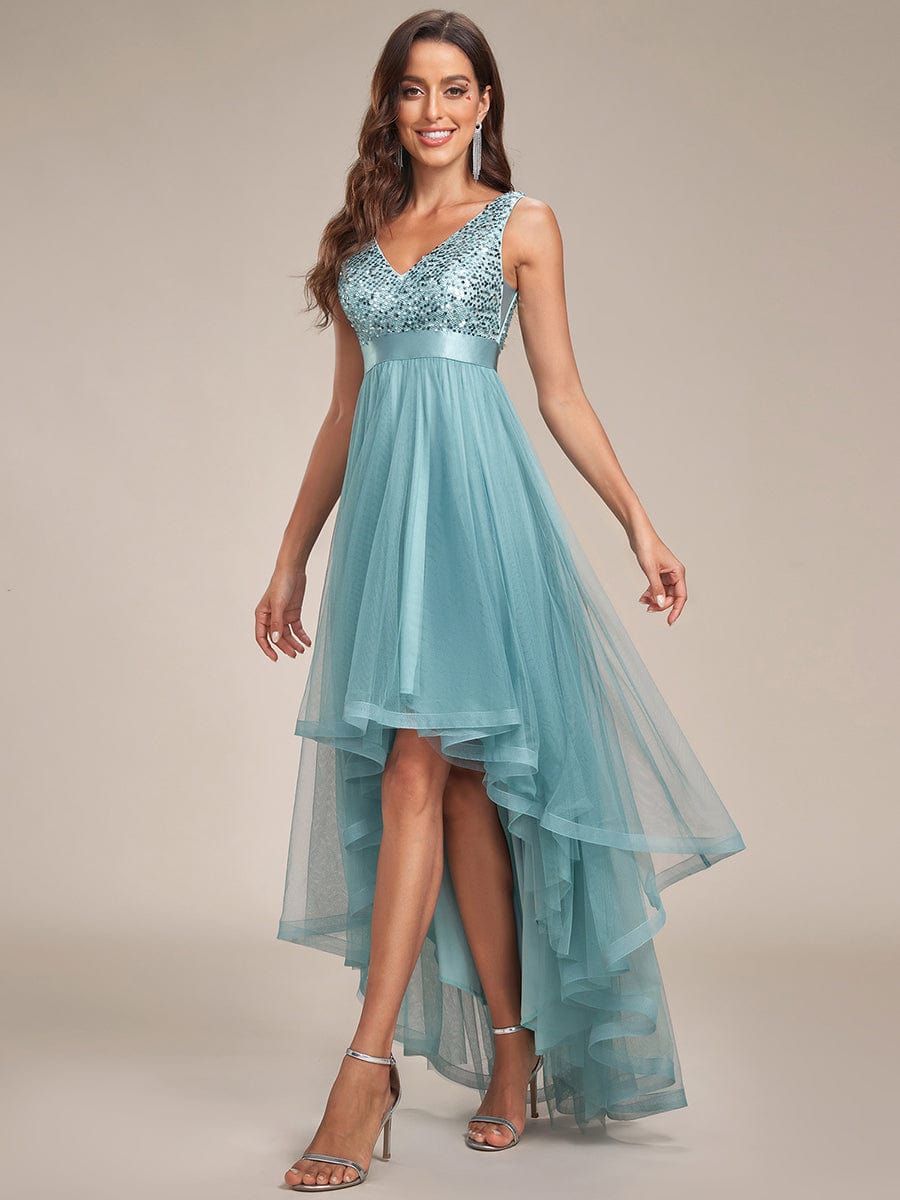 Sequin V-Neck Sleeveless High Low Evening Dress #color_Light Teal