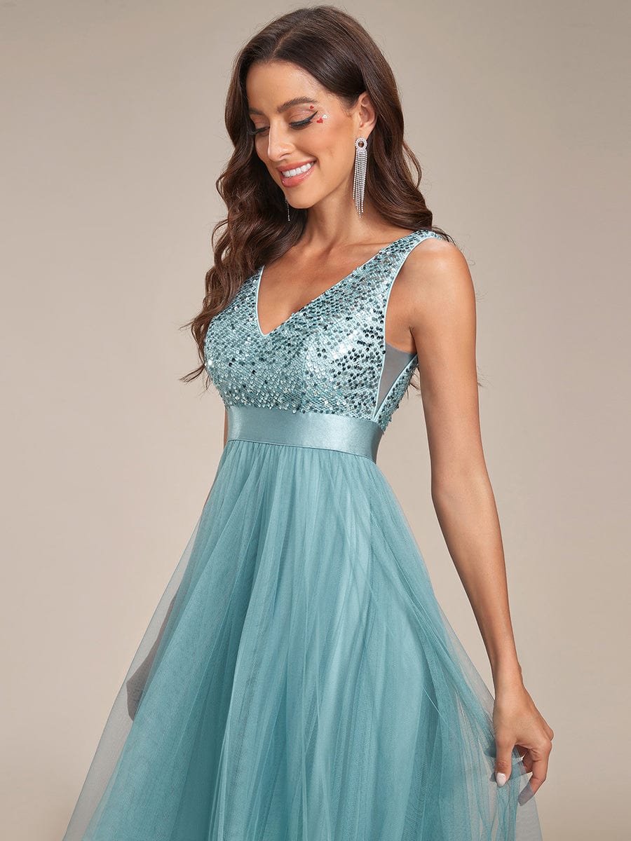 Sequin V-Neck Sleeveless High Low Evening Dress #color_Light Teal