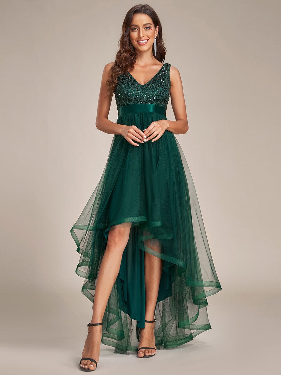 Sequin V-Neck Sleeveless High Low Evening Dress #color_Dark Green