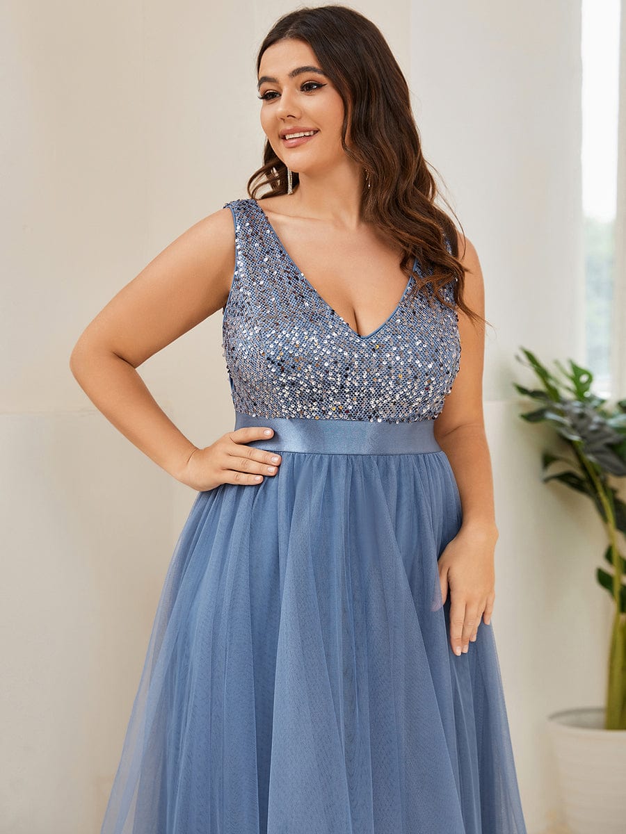 Sequin V-Neck Sleeveless High Low Evening Dress #color_Dusty Blue