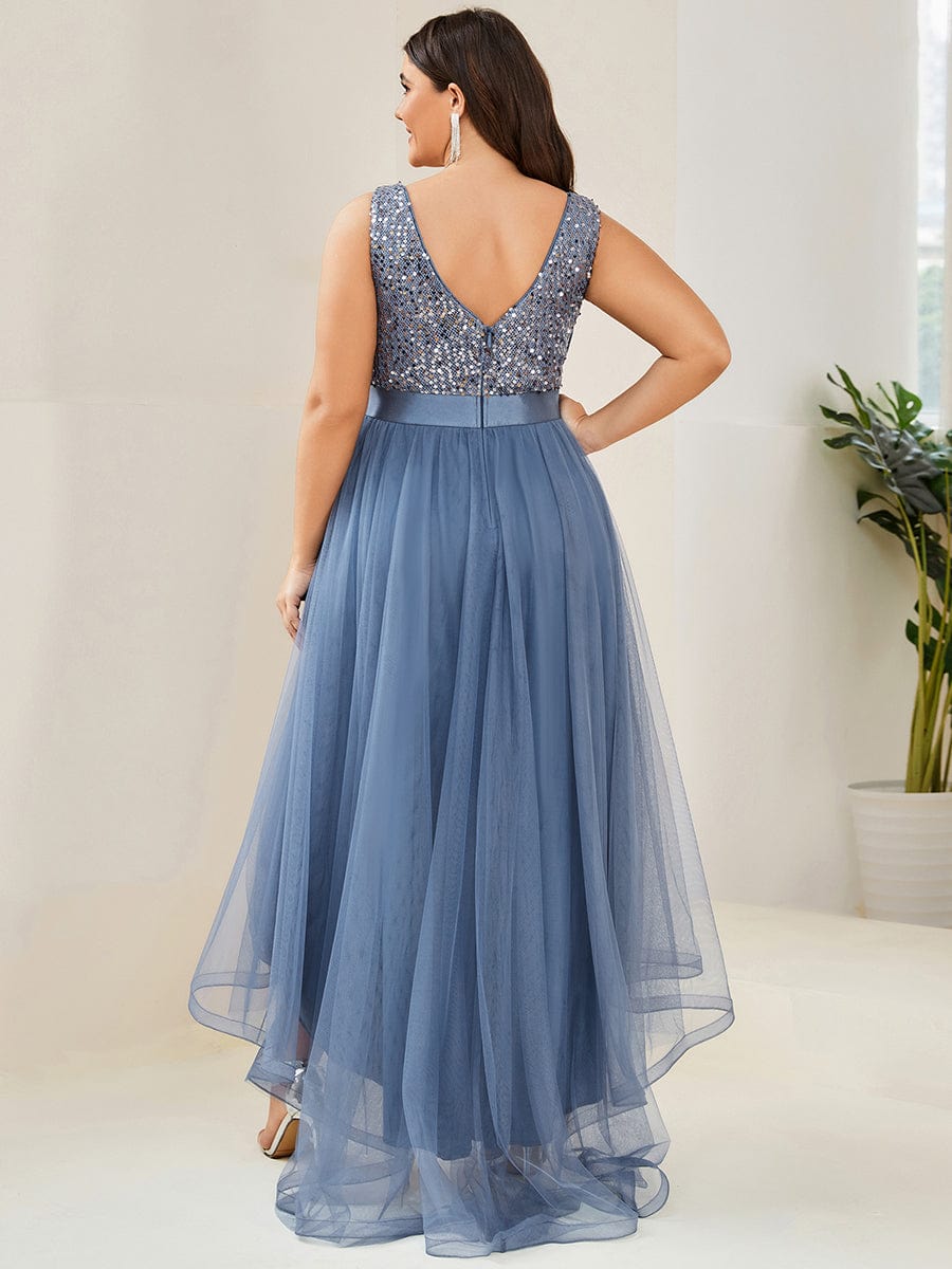 Sequin V-Neck Sleeveless High Low Evening Dress #color_Dusty Blue