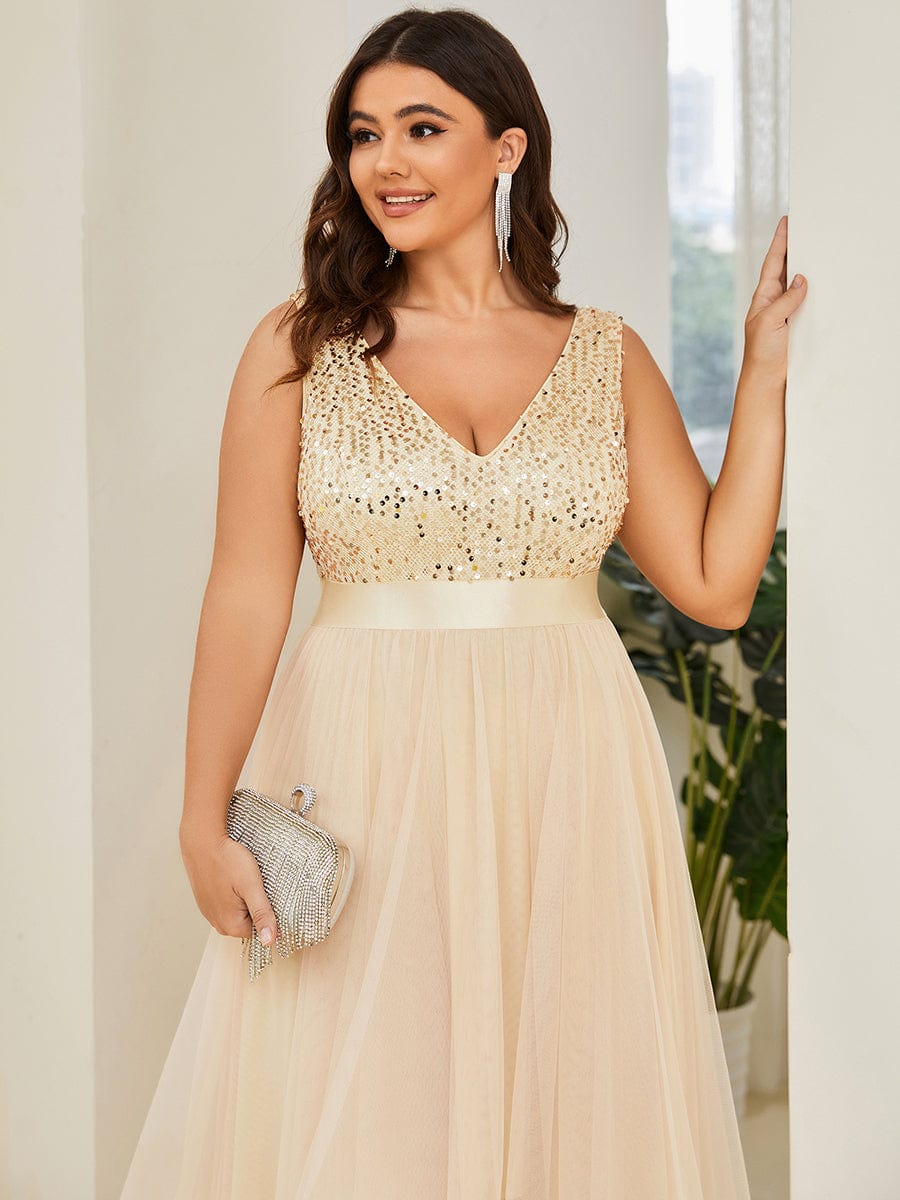 Sequin V-Neck Sleeveless High Low Evening Dress #color_Gold