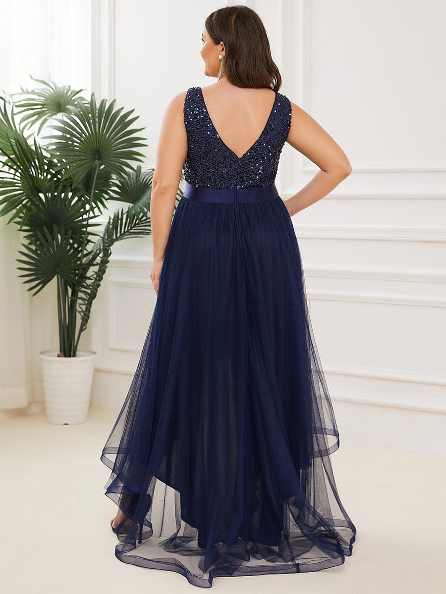 Sequin V-Neck Sleeveless High Low Evening Dress #color_Navy Blue