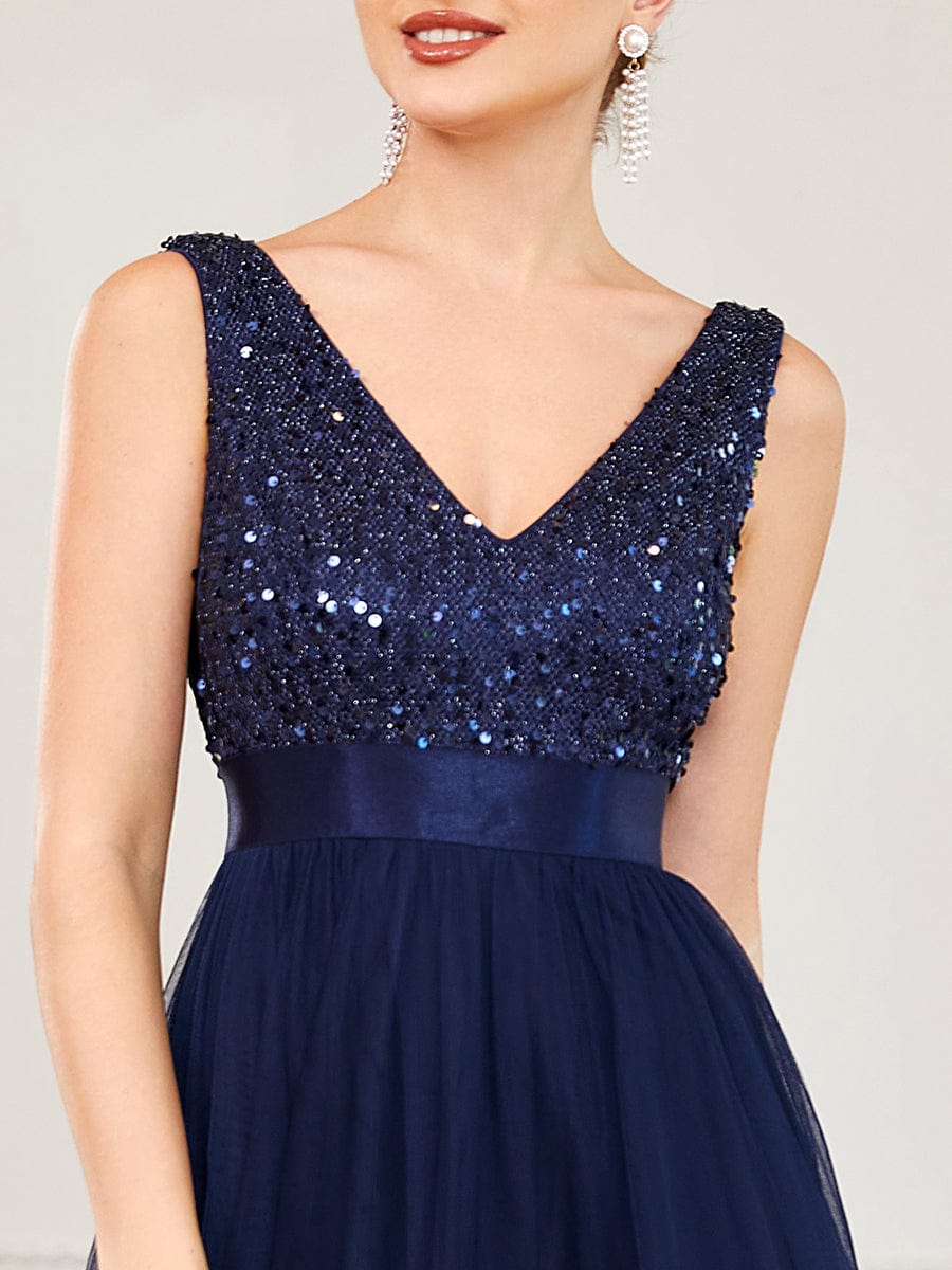 Sequin V-Neck Sleeveless High Low Evening Dress #color_Navy Blue