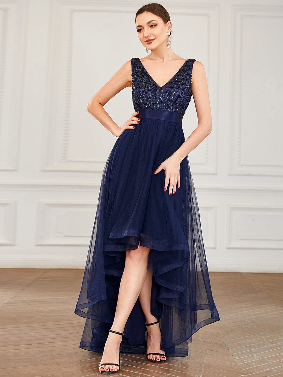 Sequin V-Neck Sleeveless High Low Evening Dress #color_Navy Blue