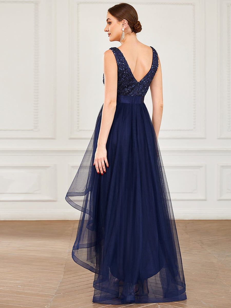 Sequin V-Neck Sleeveless High Low Evening Dress #color_Navy Blue