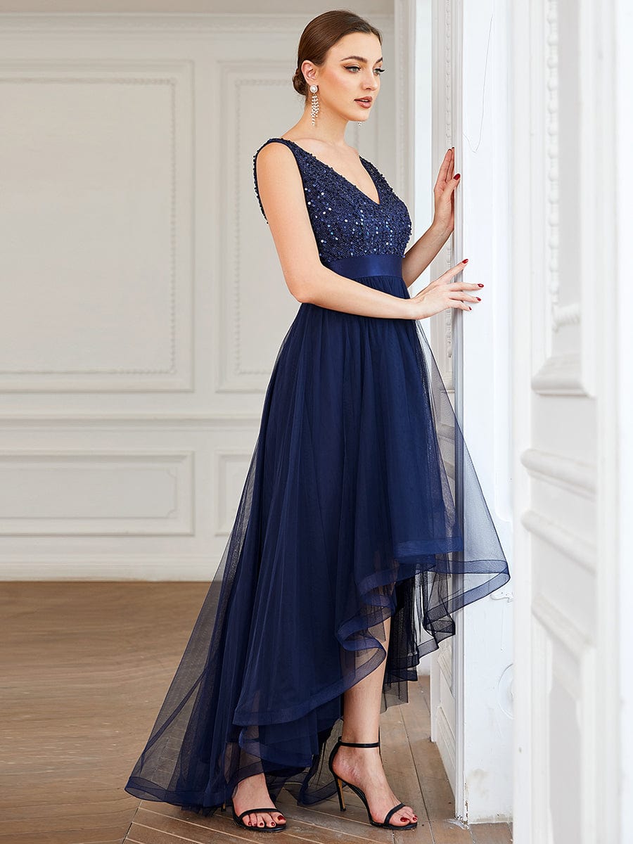 Sequin V-Neck Sleeveless High Low Evening Dress #color_Navy Blue