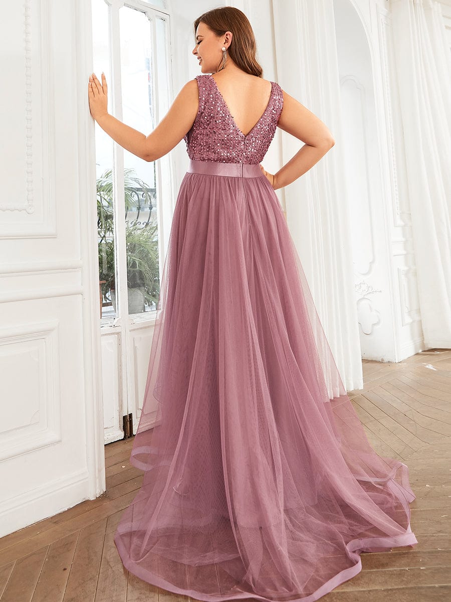 Sequin V-Neck Sleeveless High Low Evening Dress #color_Purple Orchid