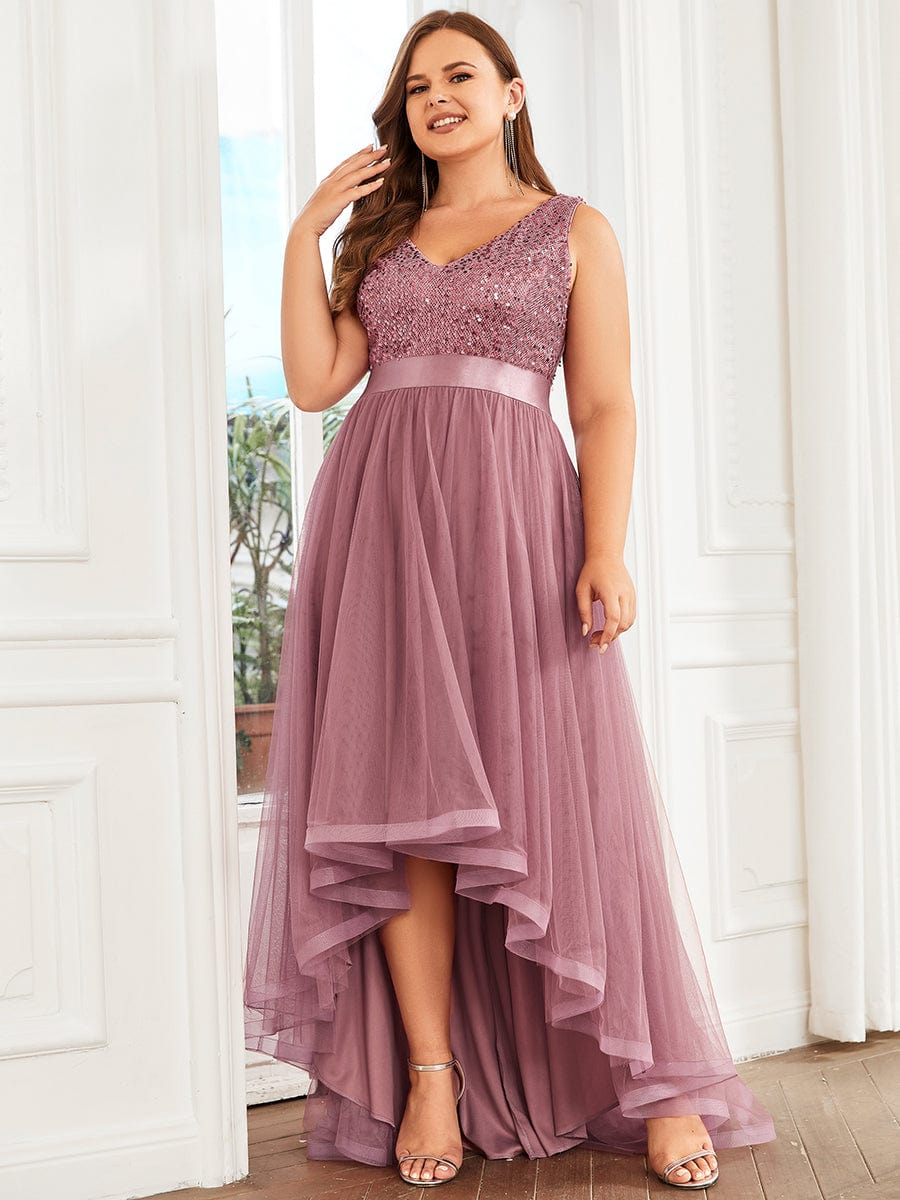 Sequin V-Neck Sleeveless High Low Evening Dress #color_Purple Orchid