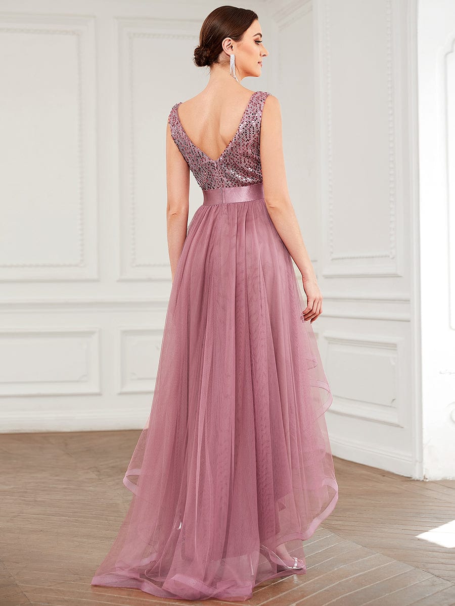 Sequin V-Neck Sleeveless High Low Evening Dress #color_Purple Orchid