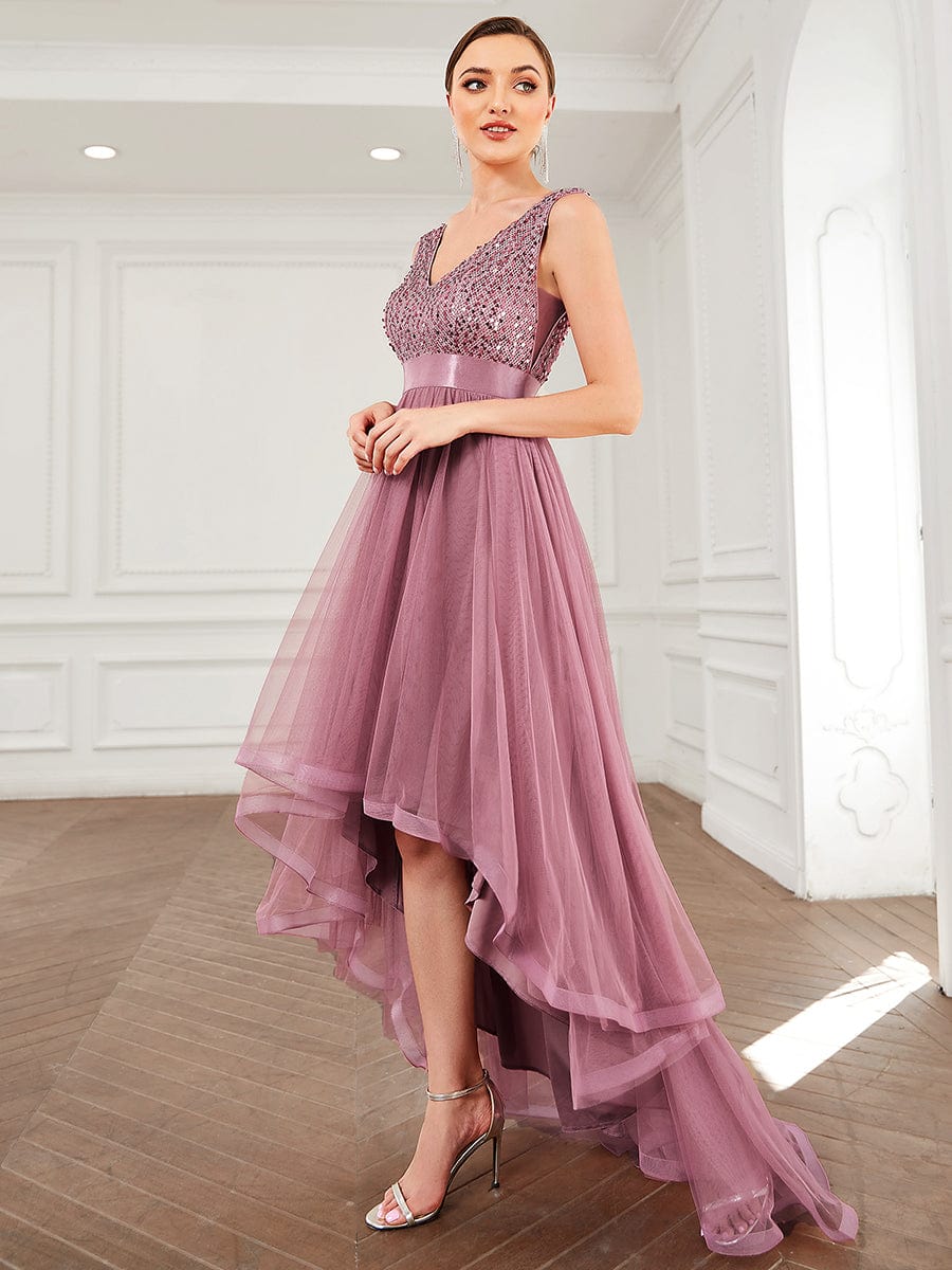 Sequin V-Neck Sleeveless High Low Evening Dress #color_Purple Orchid