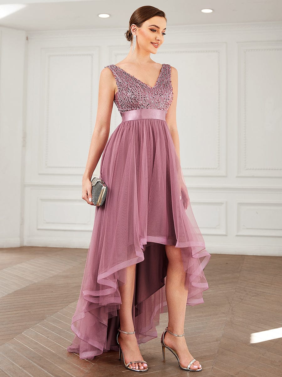 Sequin V-Neck Sleeveless High Low Evening Dress #color_Purple Orchid