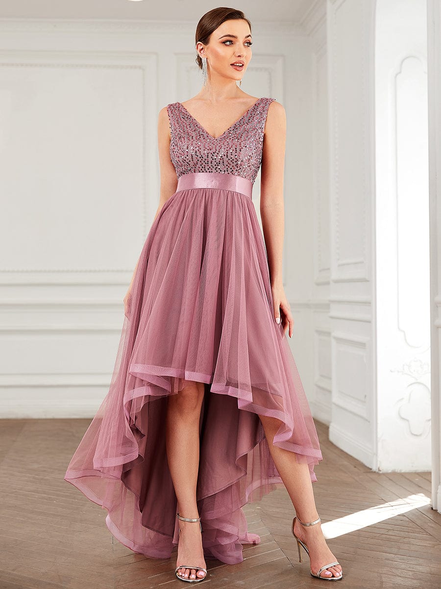 Sequin V-Neck Sleeveless High Low Evening Dress #color_Purple Orchid