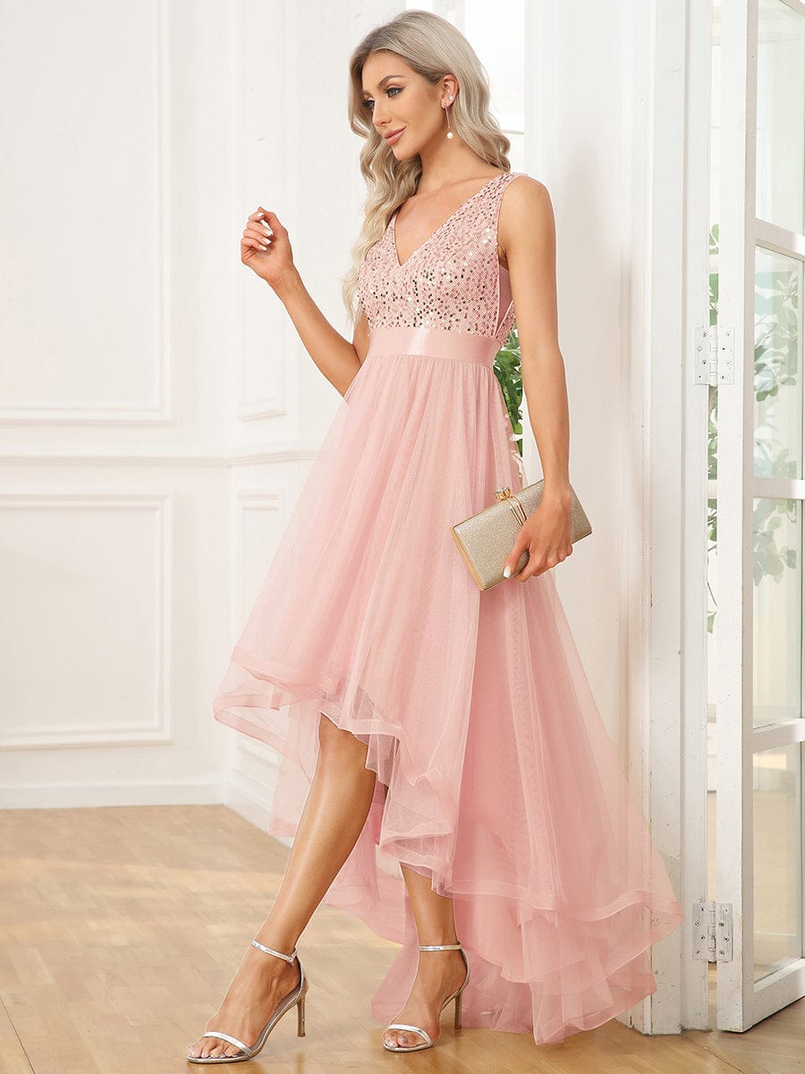 Sequin V-Neck Sleeveless High Low Evening Dress #color_Pink