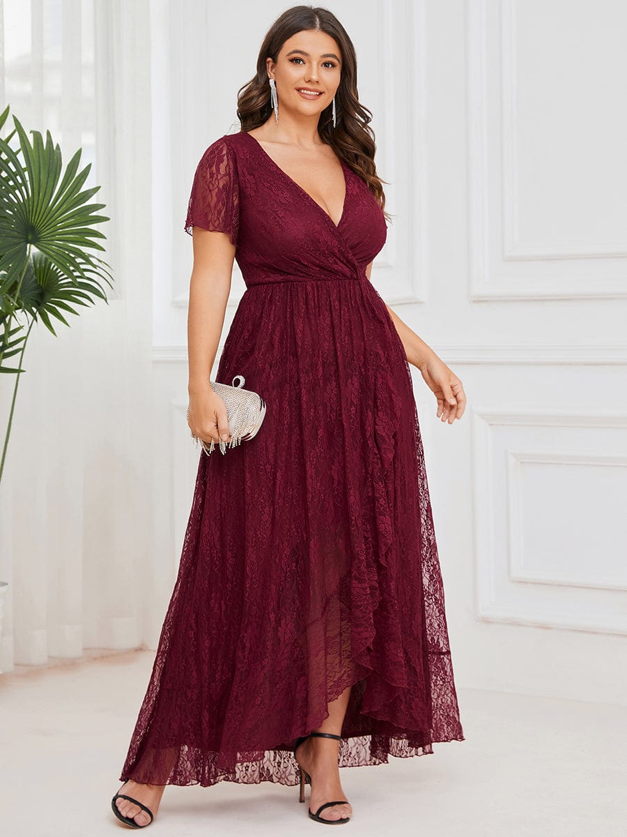 Plus size V-Neck Short Sleeve Pleated Ruffled Lace Evening Dress #Color_Burgundy