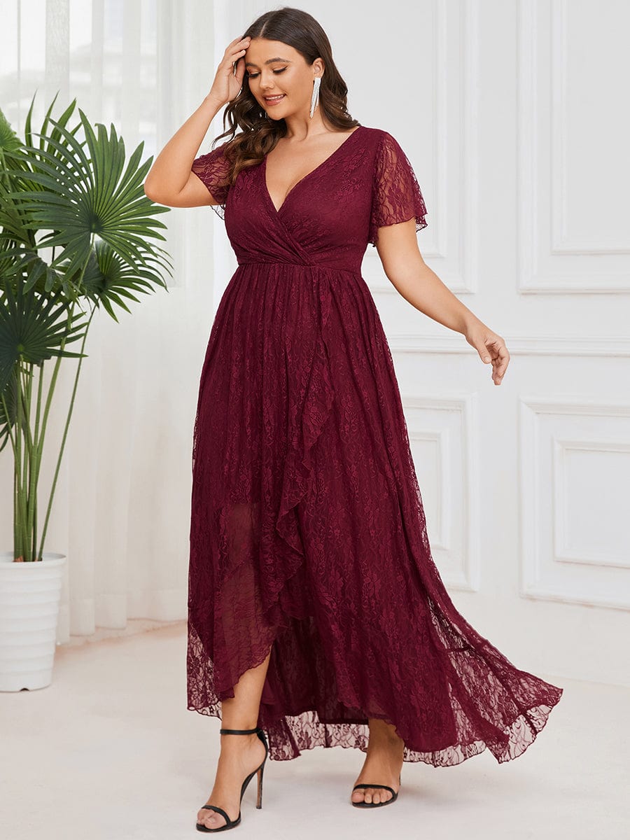 Plus size V-Neck Short Sleeve Pleated Ruffled Lace Evening Dress #Color_Burgundy