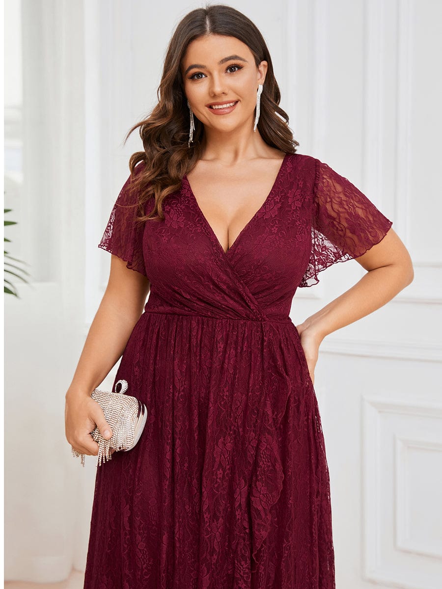 Plus size V-Neck Short Sleeve Pleated Ruffled Lace Evening Dress #Color_Burgundy