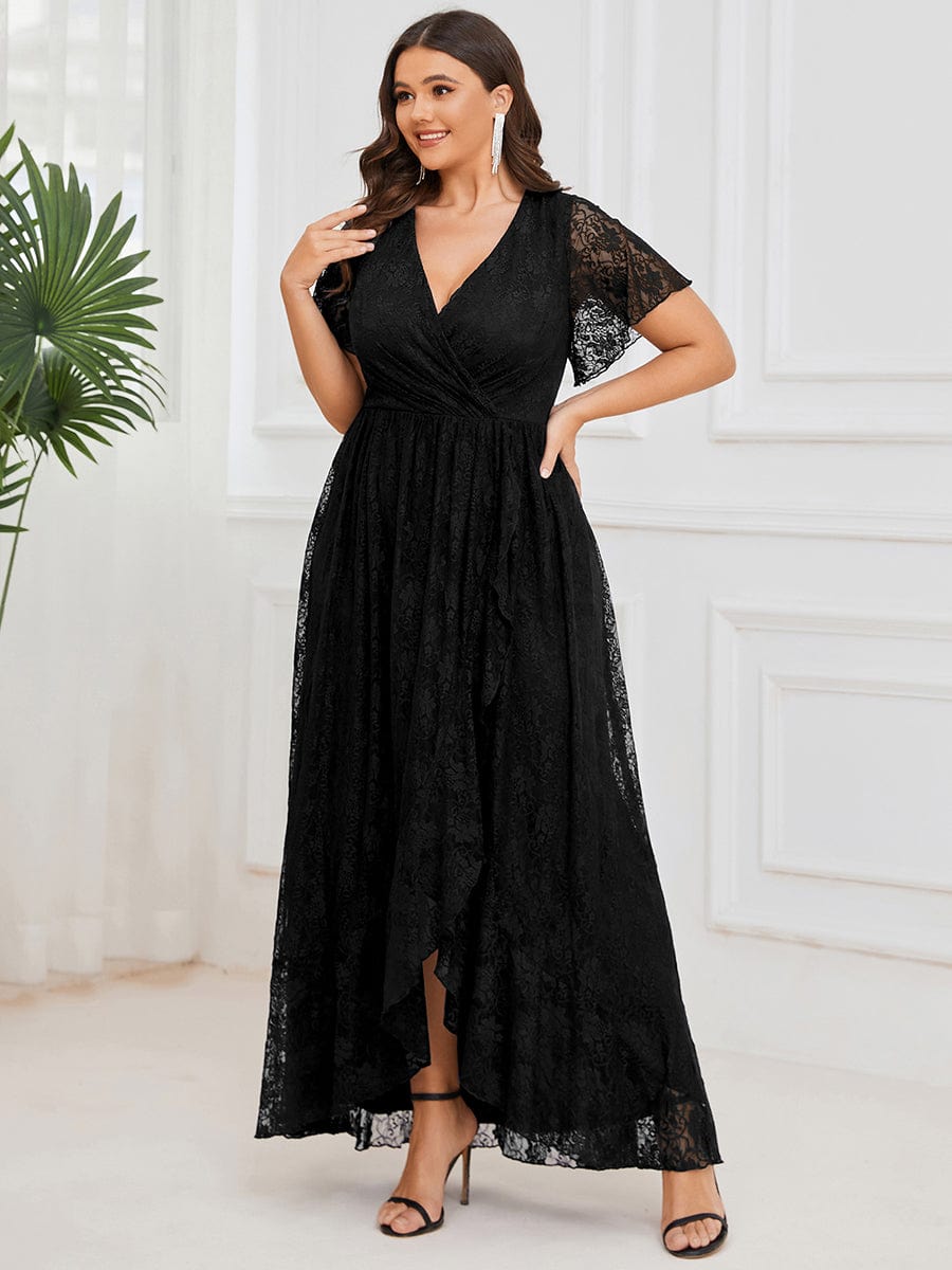 V-Neck Short Sleeve Pleated Ruffled Lace Evening Dress #Color_Black