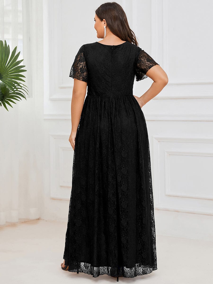 V-Neck Short Sleeve Pleated Ruffled Lace Evening Dress #Color_Black