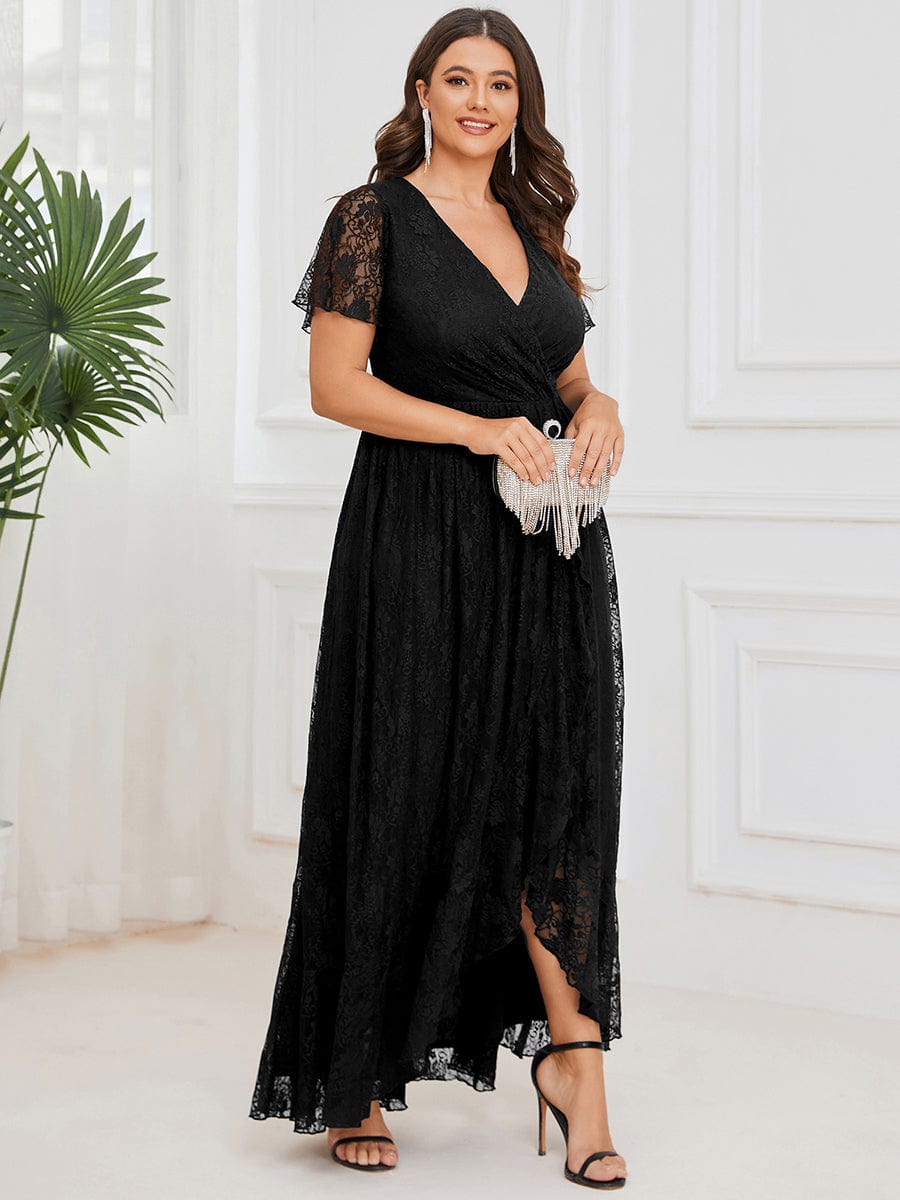 V-Neck Short Sleeve Pleated Ruffled Lace Evening Dress #Color_Black