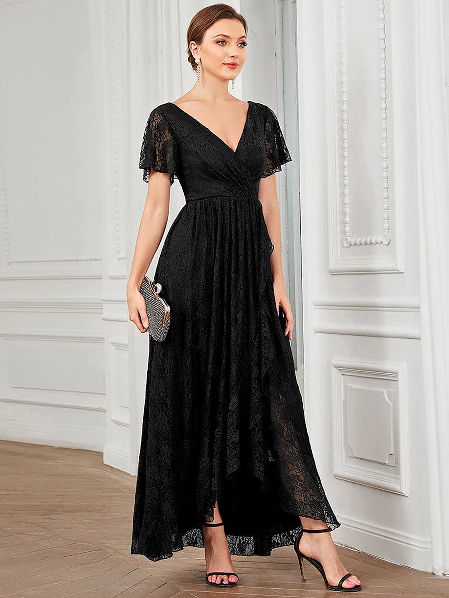 V-Neck Short Sleeve Pleated Ruffled Lace Evening Dress #Color_Black