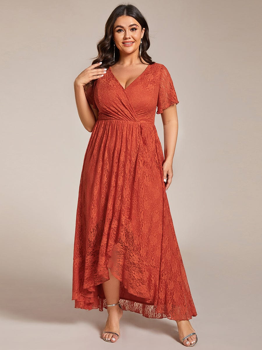 V-Neck Short Sleeve Pleated Ruffled Lace Evening Dress #Color_Burnt Orange