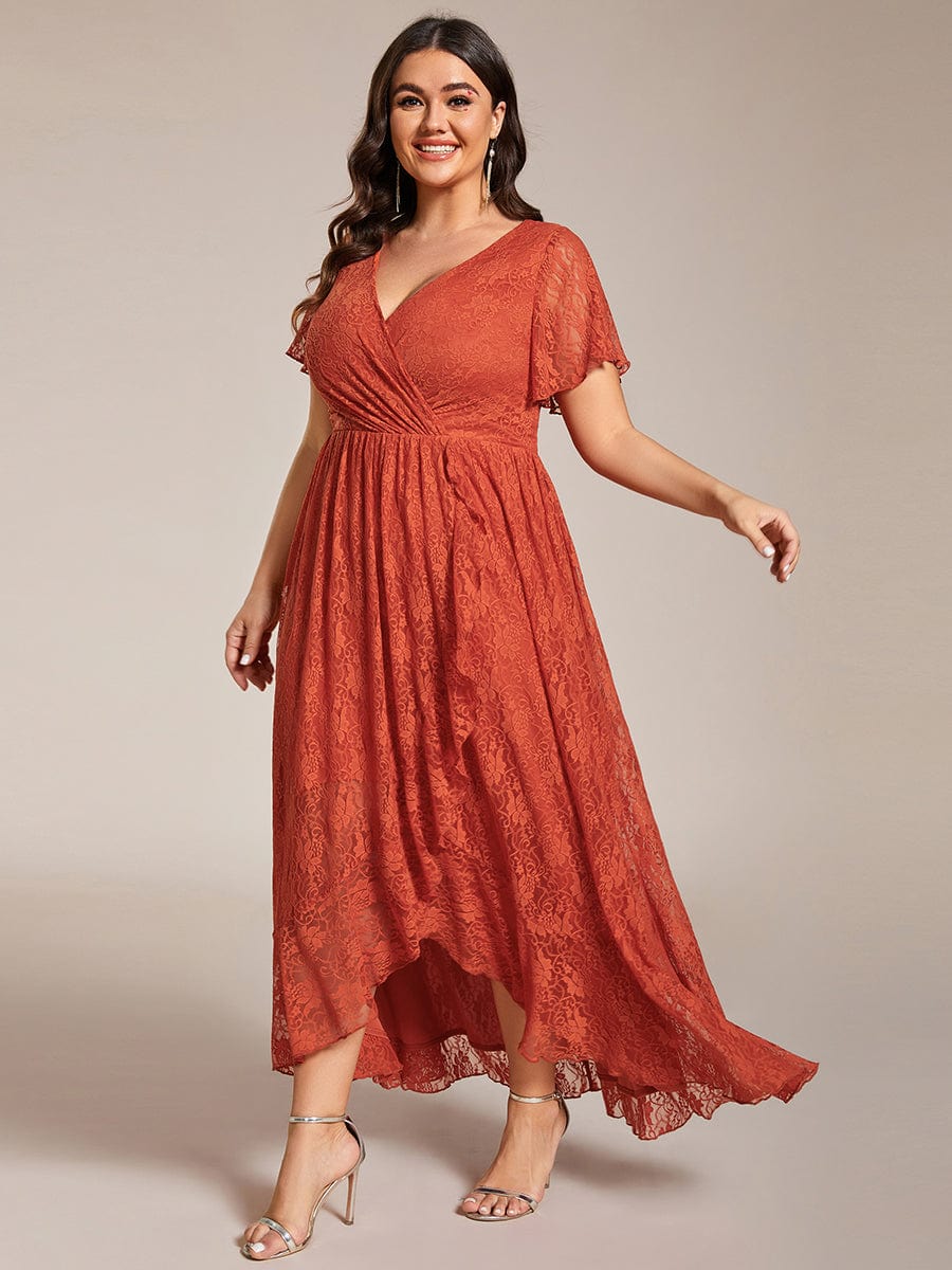 Plus size V-Neck Short Sleeve Pleated Ruffled Lace Evening Dress #Color_Burnt Orange