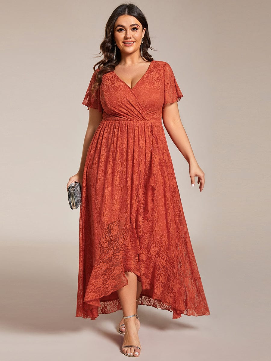 Plus size V-Neck Short Sleeve Pleated Ruffled Lace Evening Dress #Color_Burnt Orange