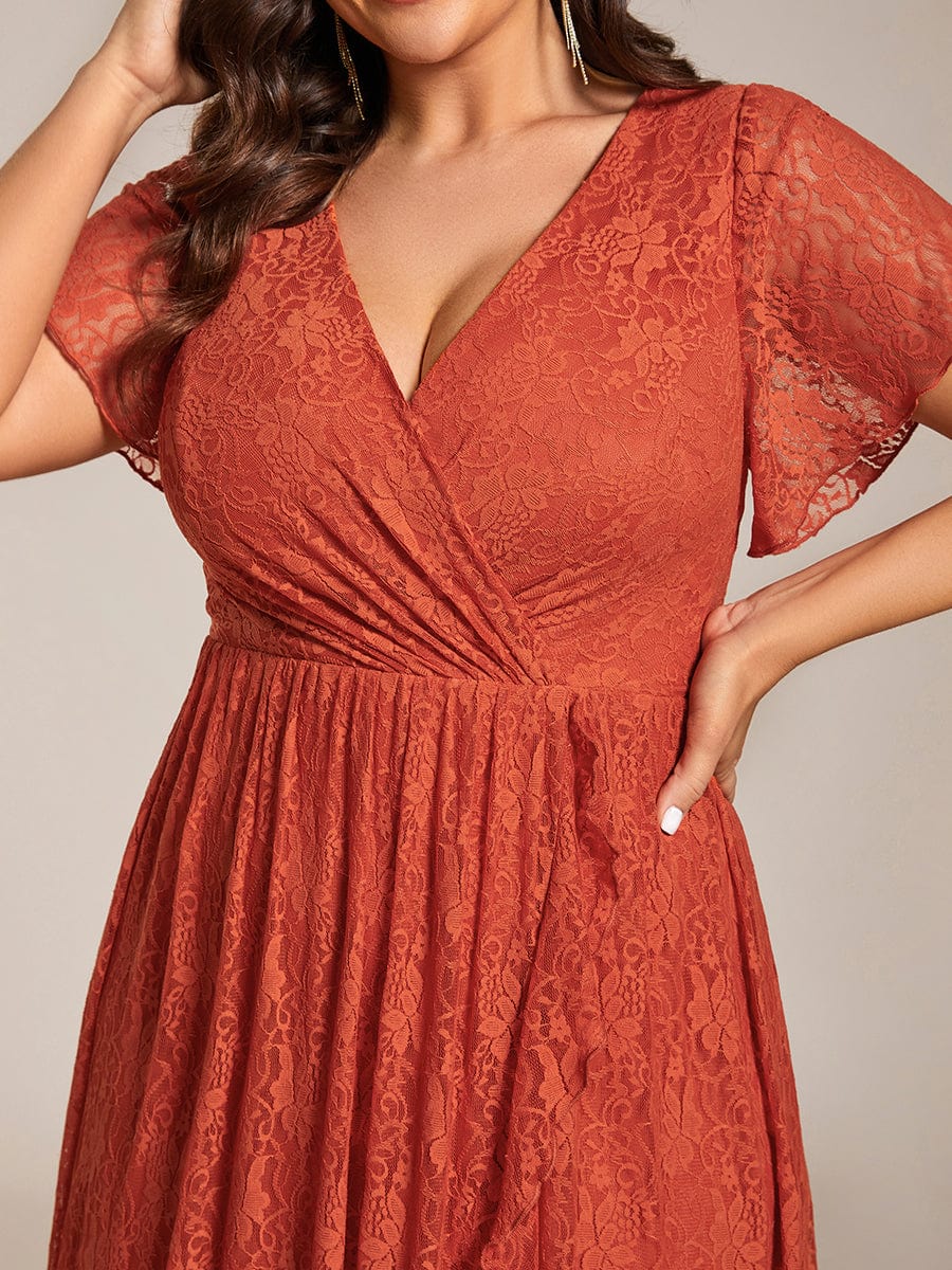 V-Neck Short Sleeve Pleated Ruffled Lace Evening Dress #Color_Burnt Orange