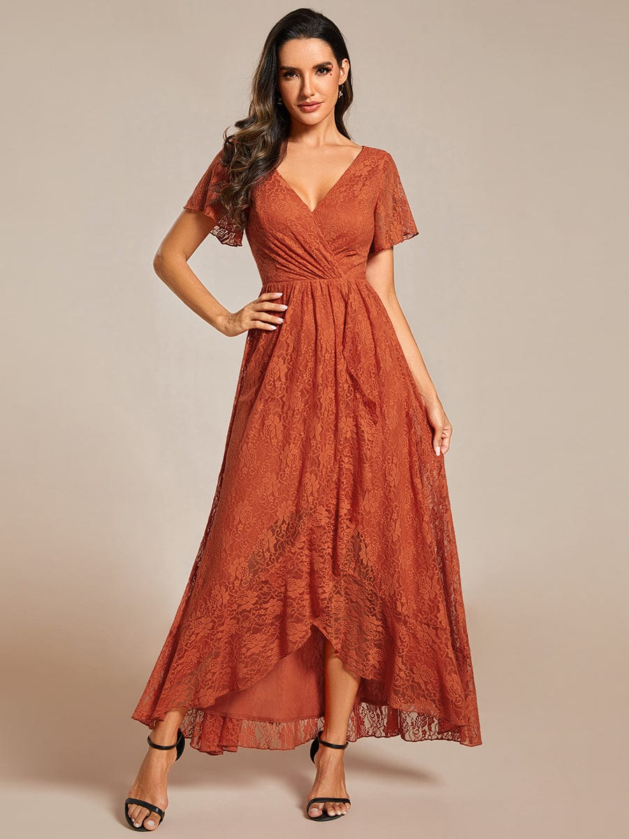 V-Neck Short Sleeve Pleated Ruffled Lace Evening Dress #Color_Burnt Orange