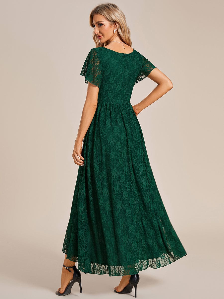 V-Neck Short Sleeve Pleated Ruffled Lace Evening Dress #Color_Dark Green