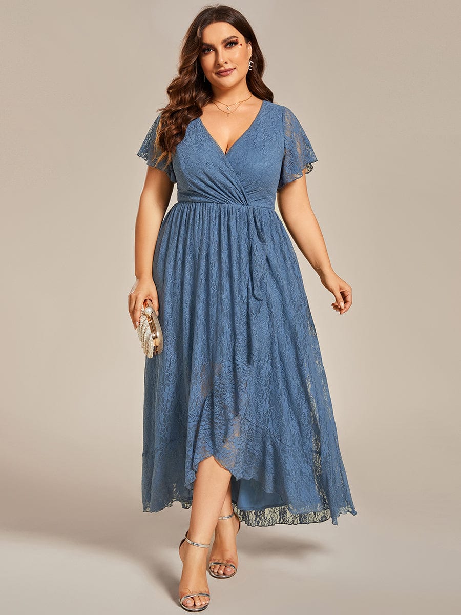 V-Neck Short Sleeve Pleated Ruffled Lace Evening Dress #Color_Dusty Navy