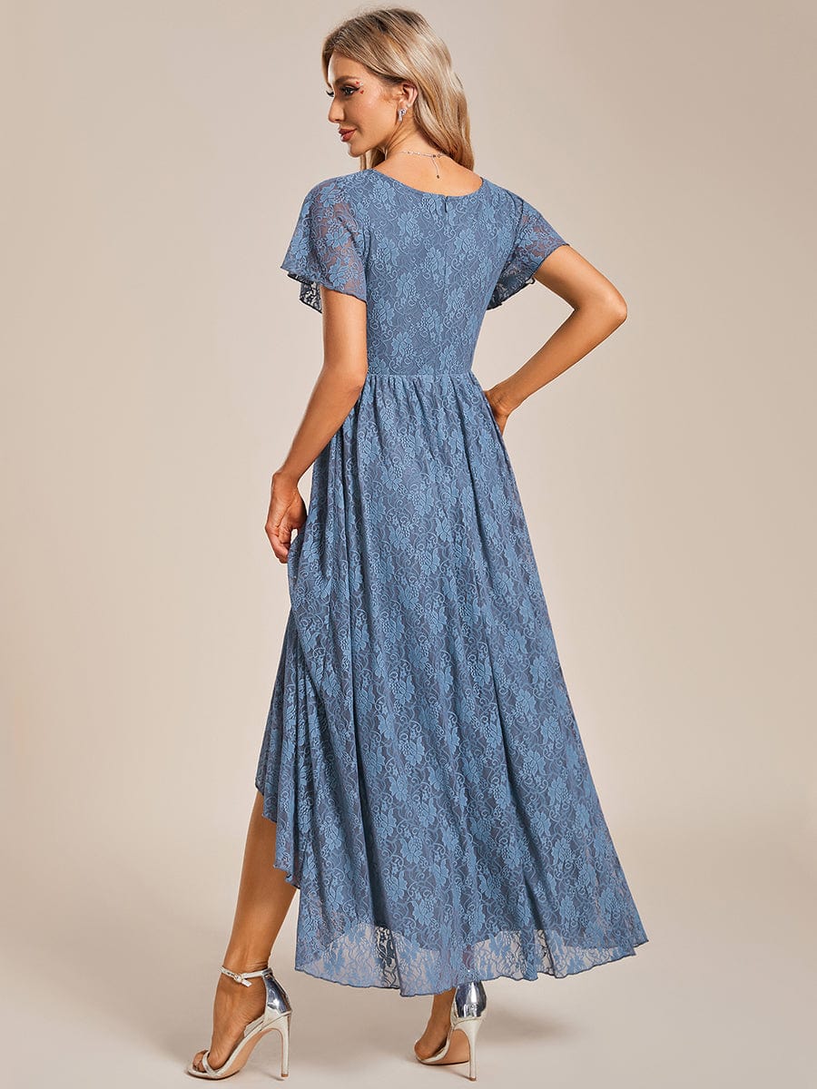 V-Neck Short Sleeve Pleated Ruffled Lace Evening Dress #Color_Dusty Navy