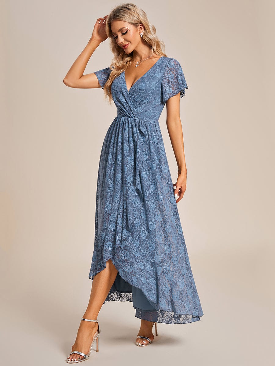 V-Neck Short Sleeve Pleated Ruffled Lace Evening Dress #color_Dusty Blue