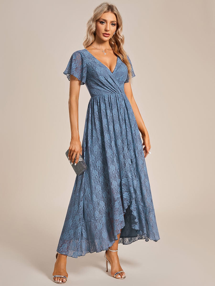 V-Neck Short Sleeve Pleated Ruffled Lace Evening Dress #Color_Dusty Navy