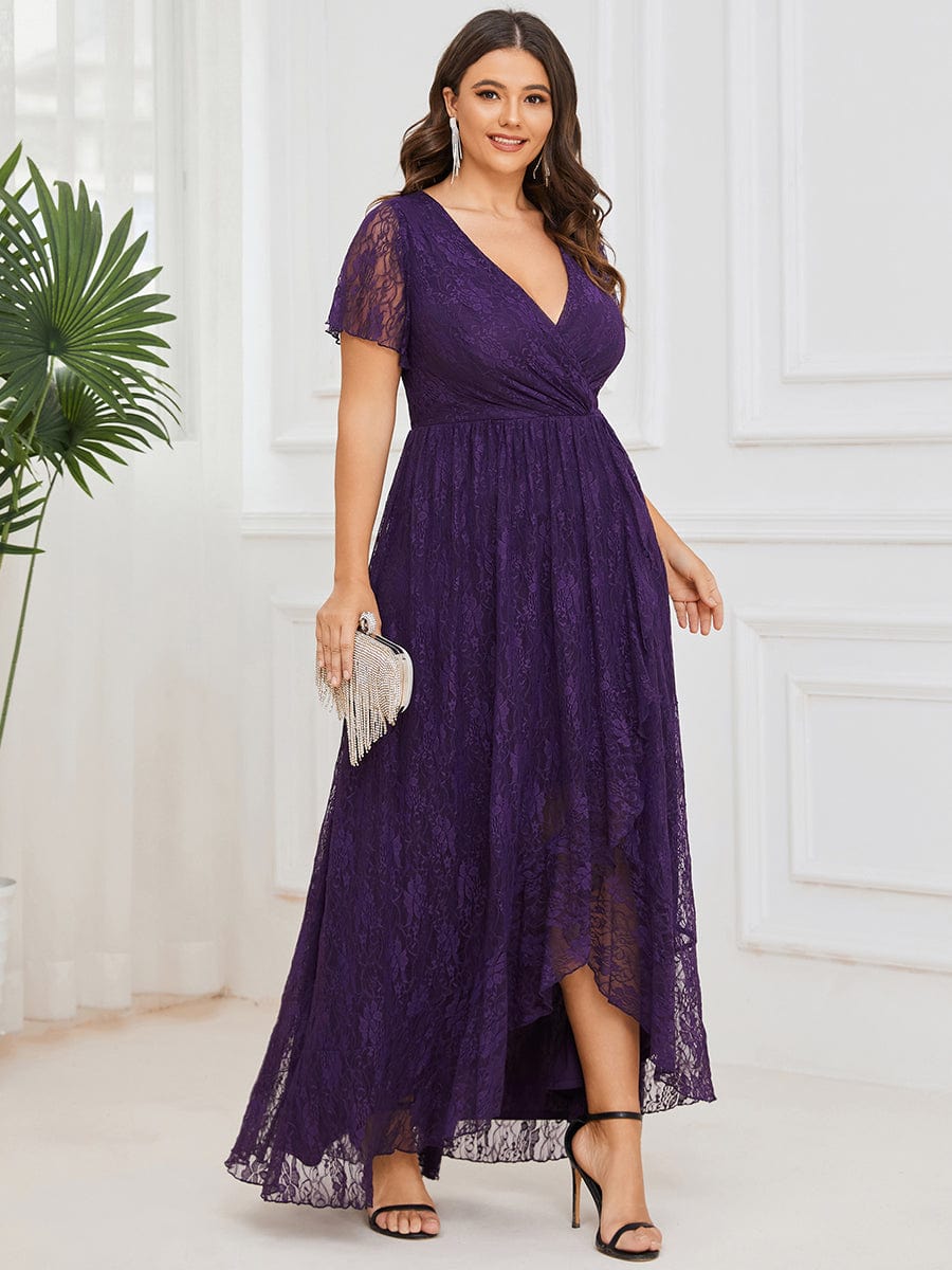 Plus size V-Neck Short Sleeve Pleated Ruffled Lace Evening Dress #Color_Dark Purple