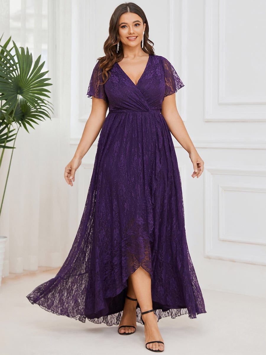 Plus size V-Neck Short Sleeve Pleated Ruffled Lace Evening Dress #Color_Dark Purple