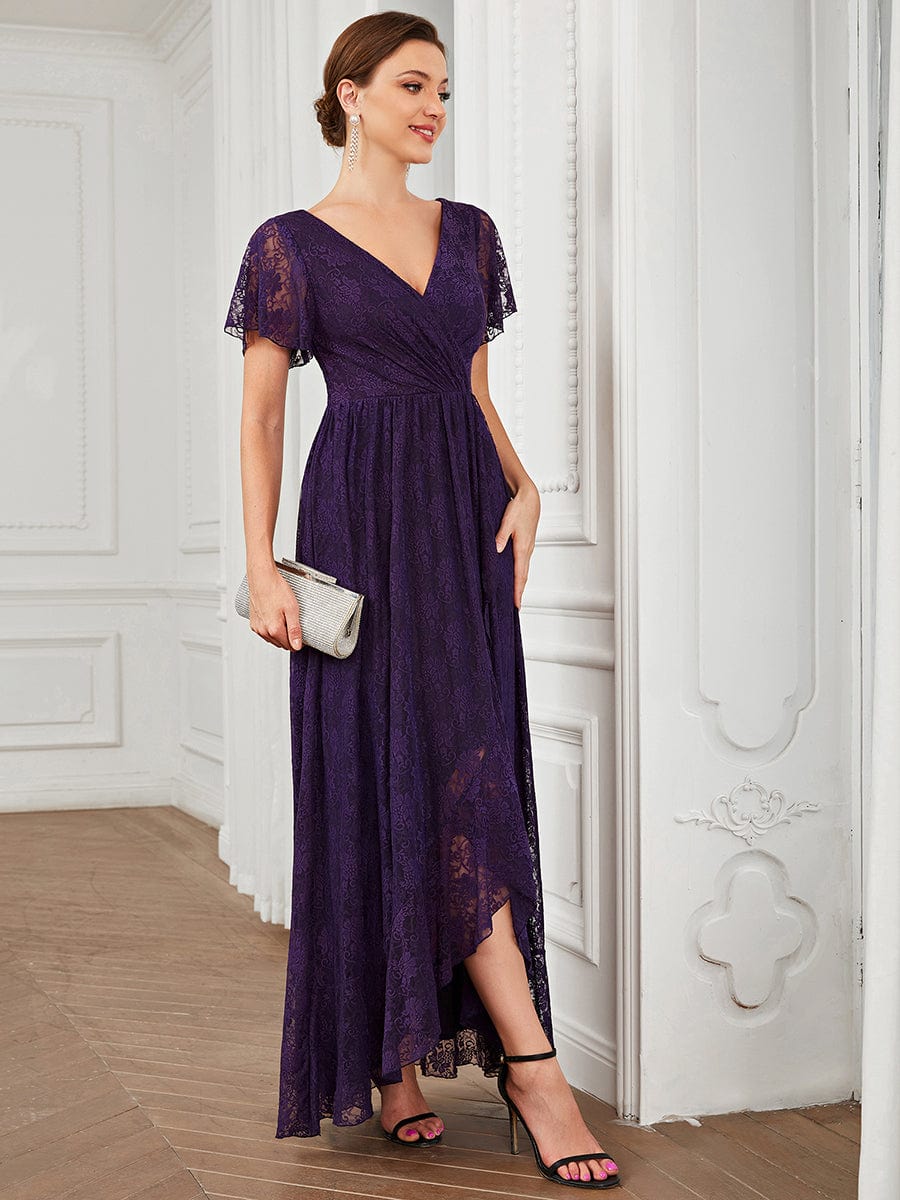 V-Neck Short Sleeve Pleated Ruffled Lace Evening Dress #Color_Dark Purple